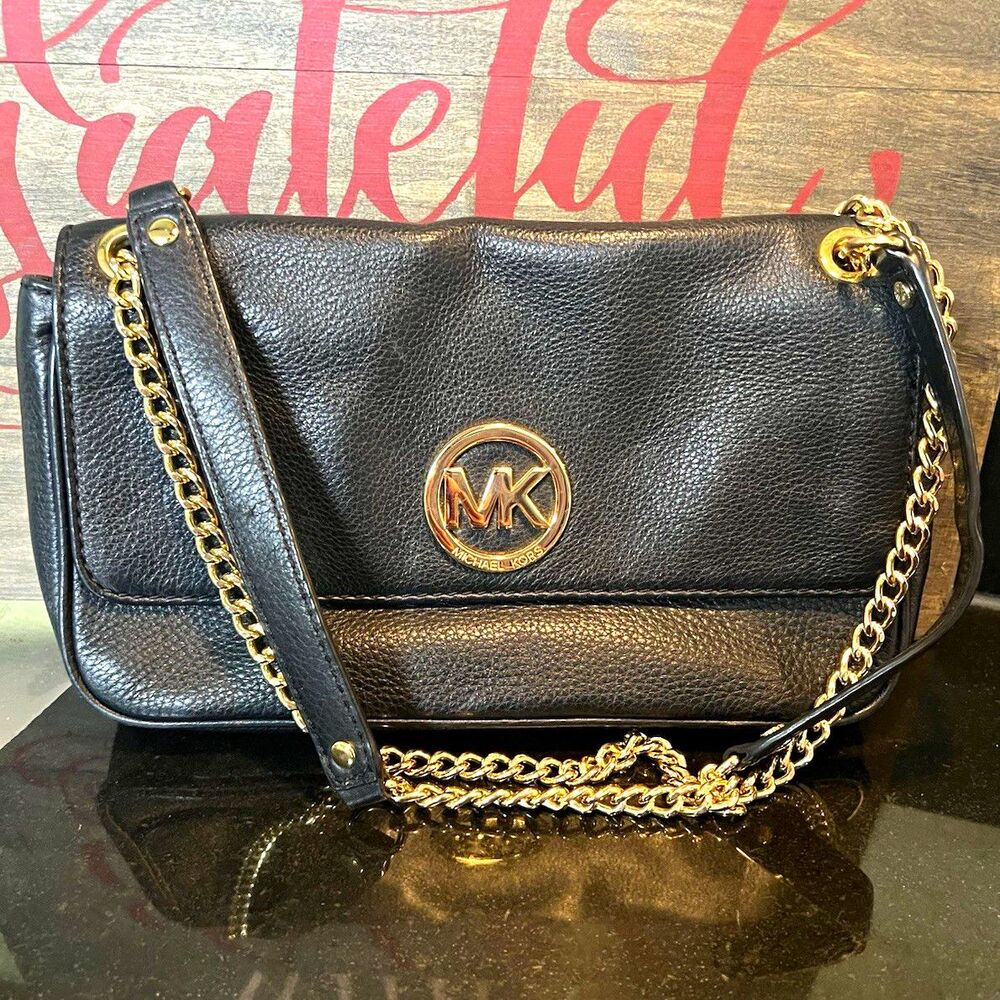 ⁠Michael Kors Fulton Black Pebbled Leather Flap Crossbody Shoulder Bag